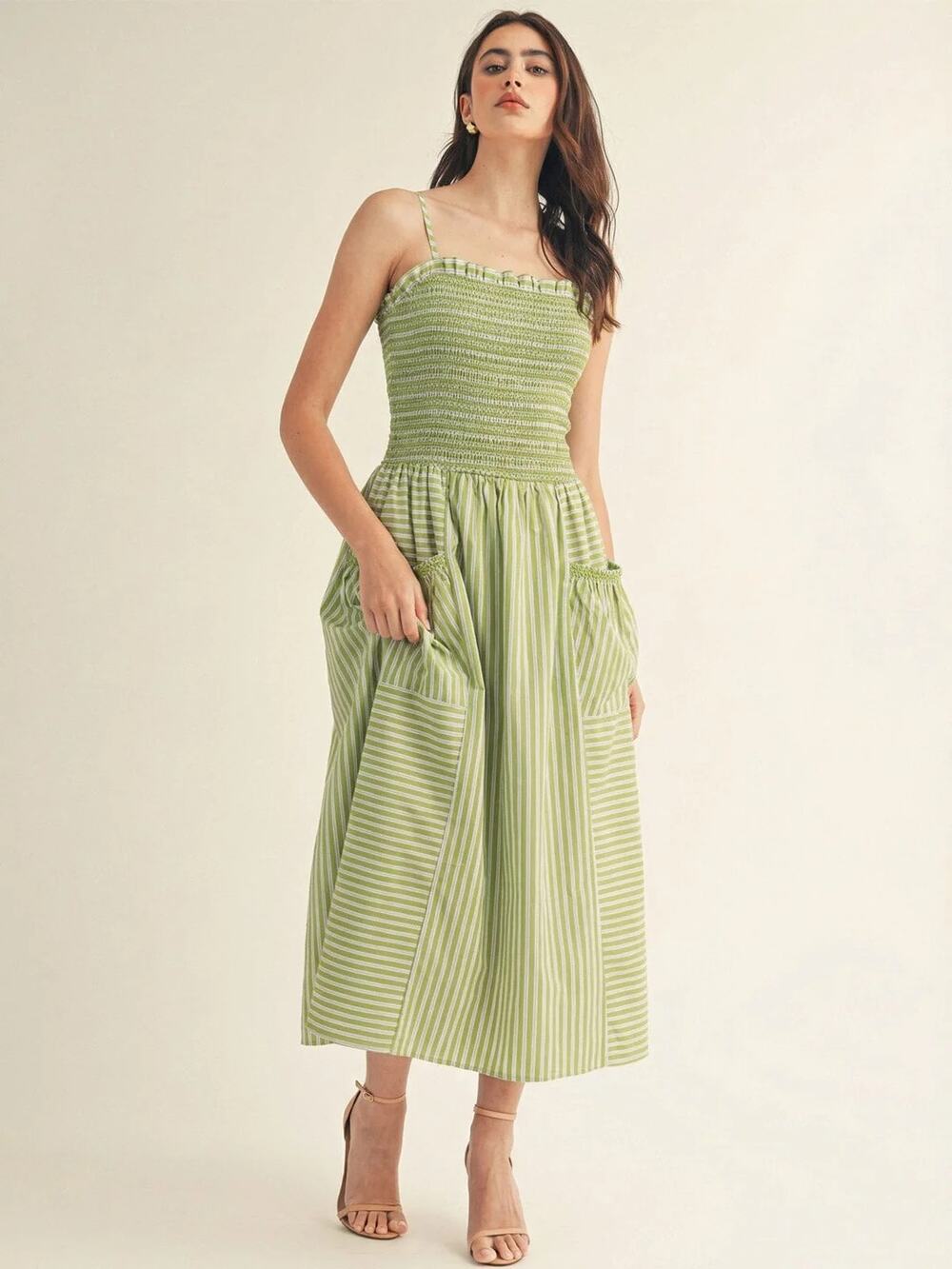 NEW Just Me Midi Dress Green Striped Shirred Ruffle Smocked Pocket Size L